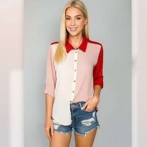 New Women’s Colorblock Button-Up Blouse